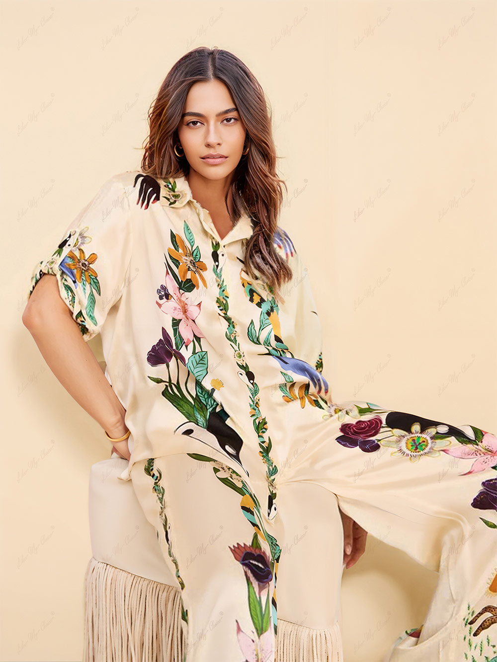 Modern Sophisticated Feel Satin Unique Print Button Down Oversized Blouse